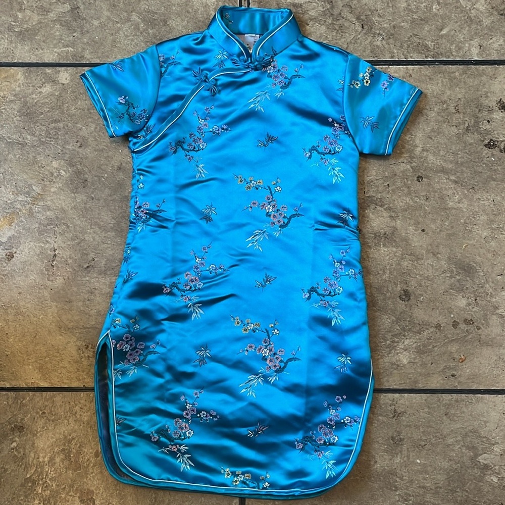 Chinese Qipao Classic Satin
Cheongsam Dress Elegant Teal Floral Kids Dress